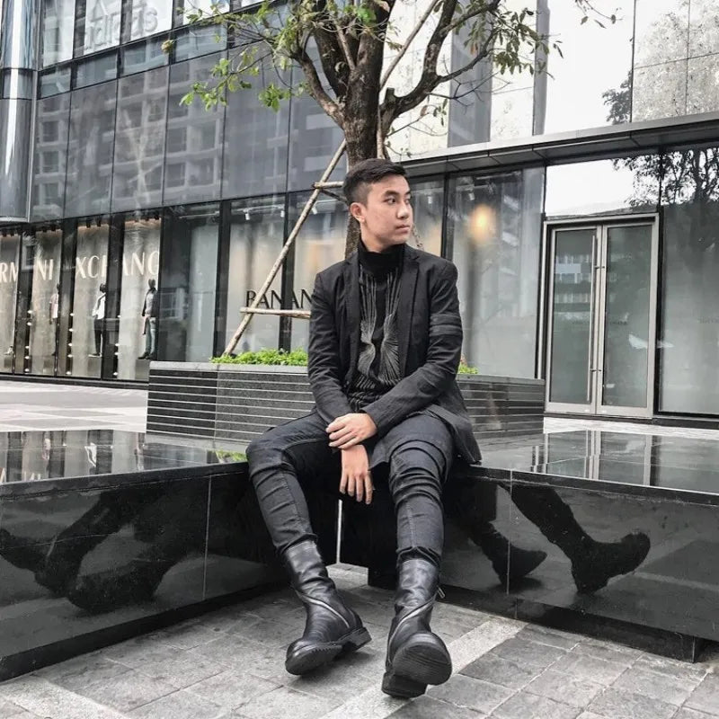 New Men Vintage Boots Round Toe Genuine Leather Mid-Calf Boot Punk Winter Handmade Black Motorcycle Biker Booties Zapatos Hombre