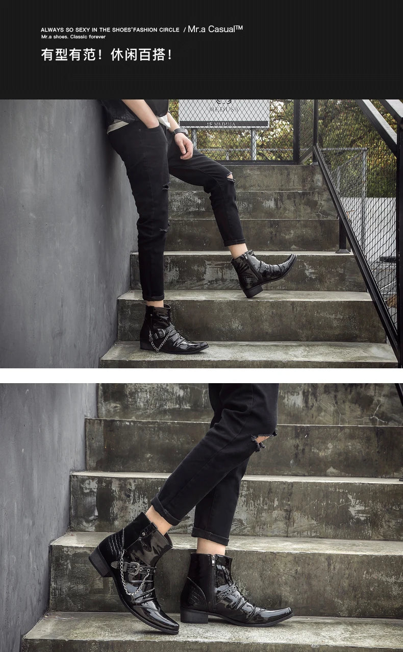 Korean style men's luxury fashion punk motorcycle boots patent leather shoes pointed toe oxfords shoe black ankle bota masculina