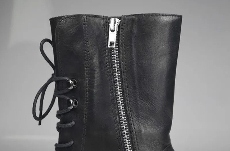 Gothic Mens Thick Platform Mid Calf Boots High Top Lace Up Genuine Leather Motorcycle Boots Zipper Punk Knight Boots Biker Shoes