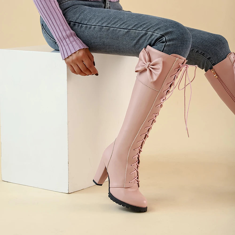 Winter Sweet Women Knee High Boots PU Leather Round Toe 7cm High Block Heels Bowtie Lace-up Lolita Lady Zipper Long Riding Boots