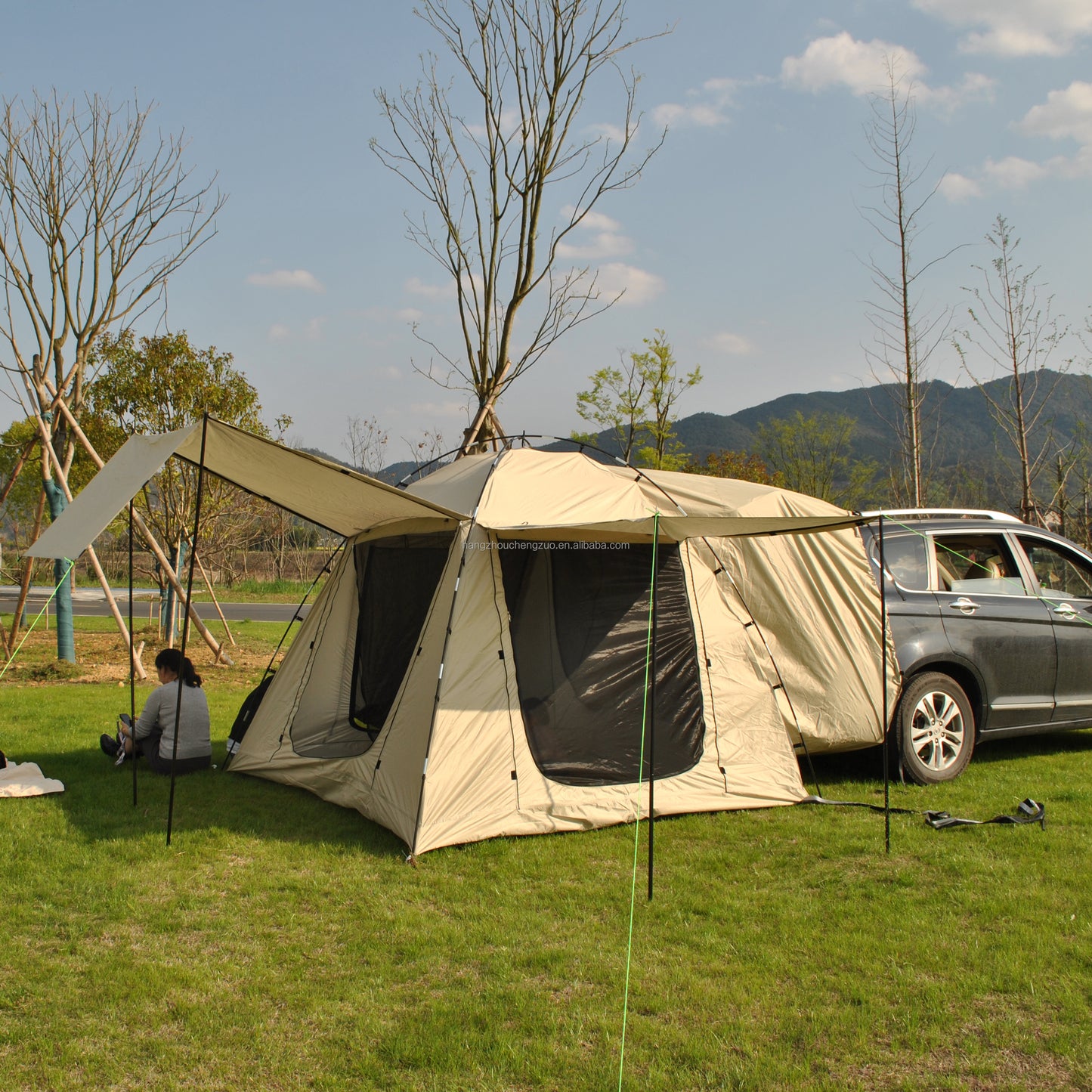Car Rear Tent with Large Awning, Rear Tailgate Tents with Floor, 4 Person Family Camping, PU4000 Waterproof Fabric