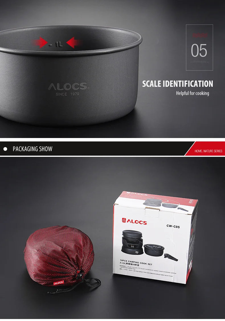 ALOCS CW-C05 Set of 10 Pieces Outdoor Camping Cooking Set Utensil Alcohol Stove Spirit Burner Cooker Pot Frying Pan Windshield