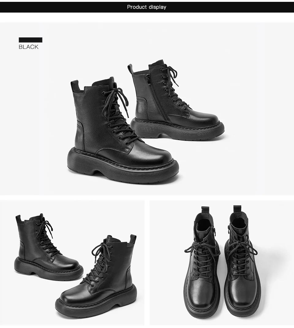 BeauToday Ankle Boots Women Cow Leather Platform Side Zipper Cross-tied Lace Sewing Female Autumn Shoes Handmade 04490