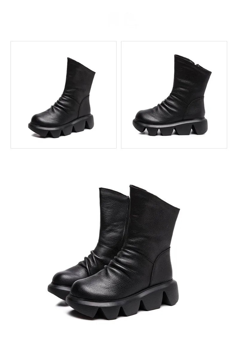 BEYARNE Ankle Boots Women Genuine Cow Leather Platform Bootie Side Zipper Soft Comfortable Autumn Winter Ladies Shoes Handmade