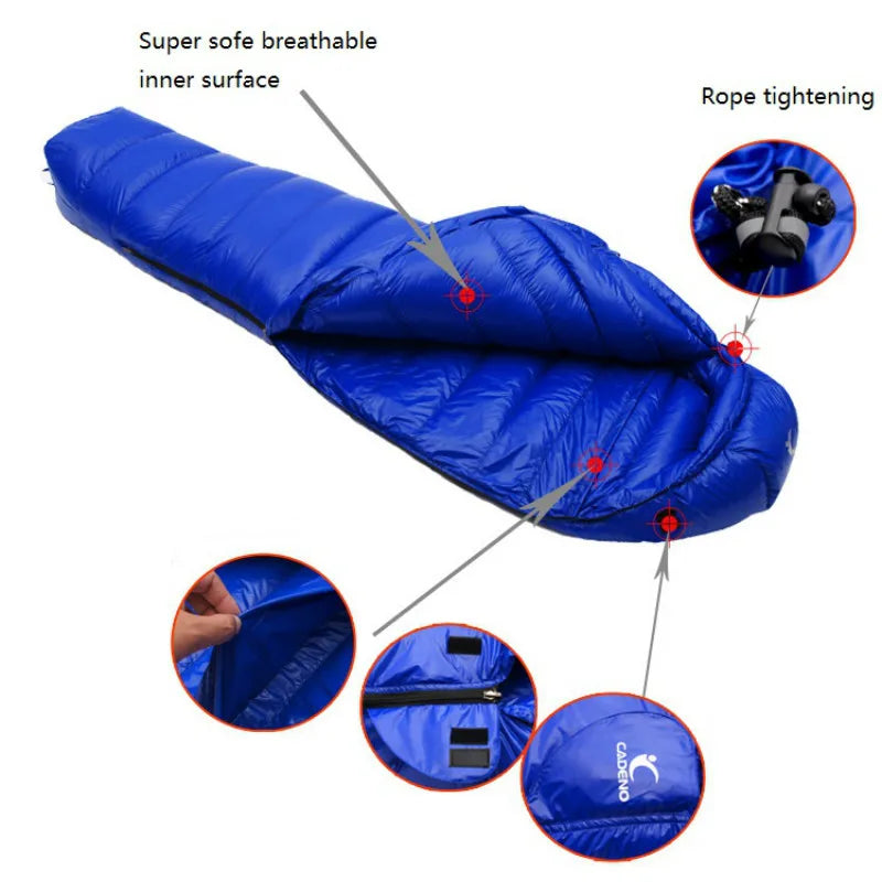CADENO White Goose Down Filled Adult Mummy Style Sleeping Bag Fit for Winter  Autumn Thermal 10Kinds of Thickness Camping Travel