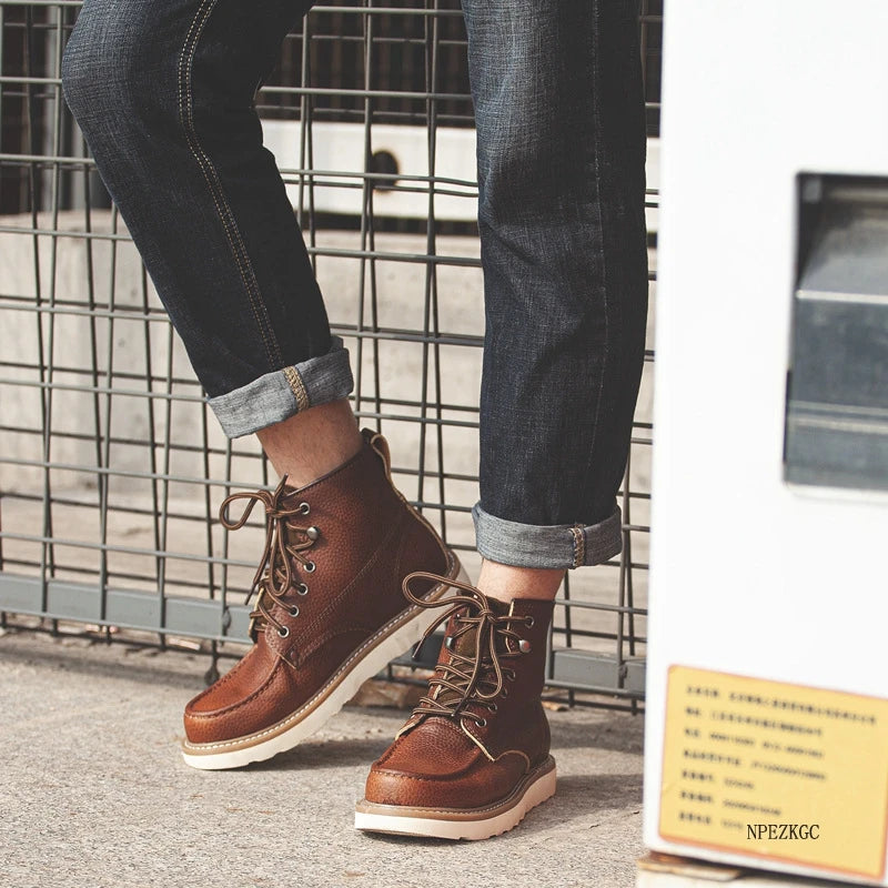 Handmade Men Boots Vintage Casual Autumn Winter Cow Leather Shoes British Ankle Boots Wings Motorcycle Boots Zapatos Hombre