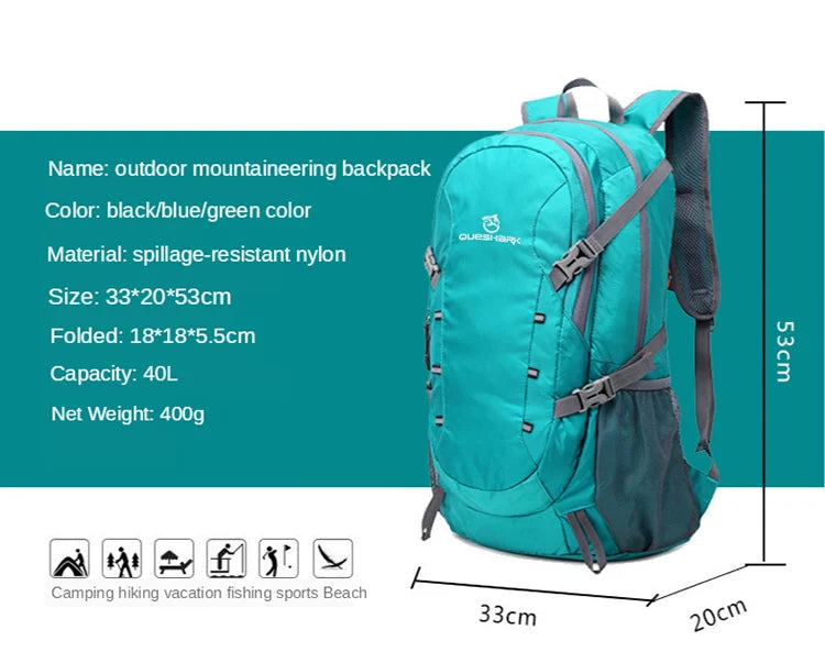 QUESHARK 40L Ultralight Waterproof Soft Foldable Camping Shoulder Backpack Climbing Travel Mountaineering Hiking Cycling Bag