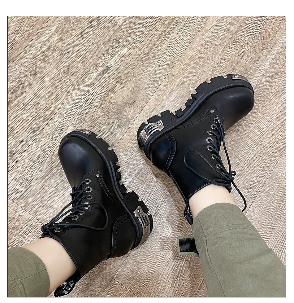 Gdgydh Darkness Punk Style Platform Women Ankle Boots Chunky Heel Black Metal Decor Women's Motorcycle Boots Lace UP Top Quality