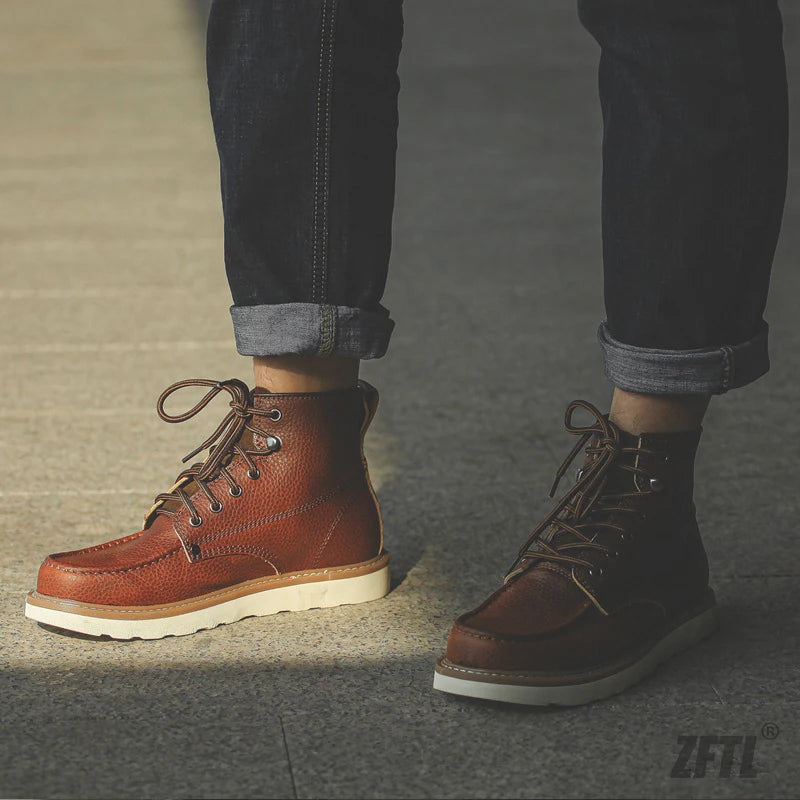 ZFTL Men's Boots Cowhide Thick-soled boots retro British Outdoor Tooling shoes Ankle Boots Male Casual Lace up boots 2025