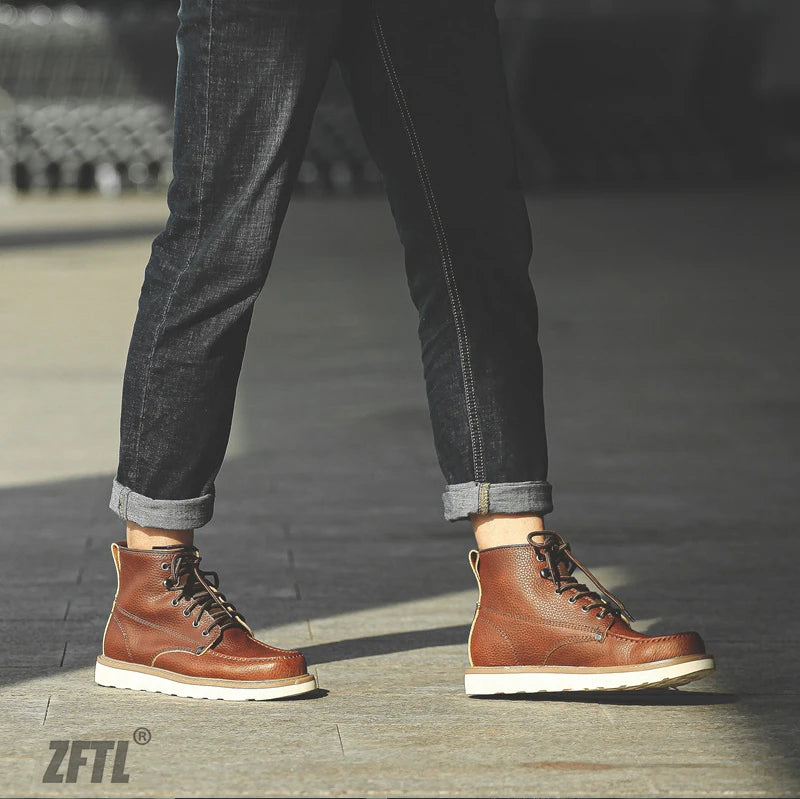 ZFTL Men's Boots Cowhide Thick-soled boots retro British Outdoor Tooling shoes Ankle Boots Male Casual Lace up boots 2025