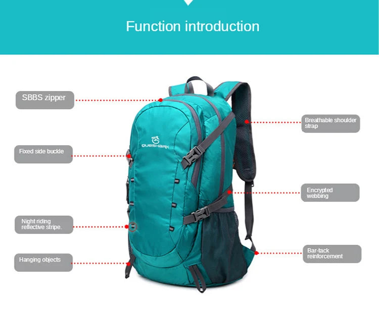 QUESHARK 40L Ultralight Waterproof Soft Foldable Camping Shoulder Backpack Climbing Travel Mountaineering Hiking Cycling Bag