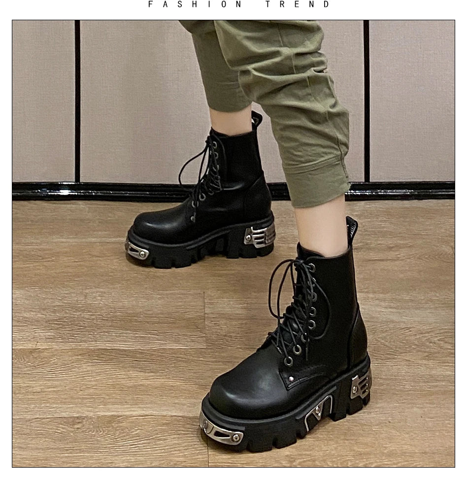 Gdgydh Darkness Punk Style Platform Women Ankle Boots Chunky Heel Black Metal Decor Women's Motorcycle Boots Lace UP Top Quality