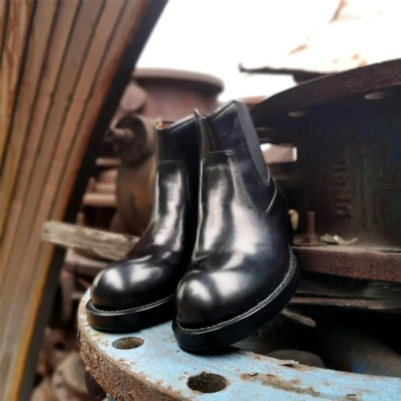 Classic Chelsea Boots Men Handmade Slip-On Round Toe Motorcycle Boots Cowhide Genuine Leather High Top Shoes Cowboy Boots