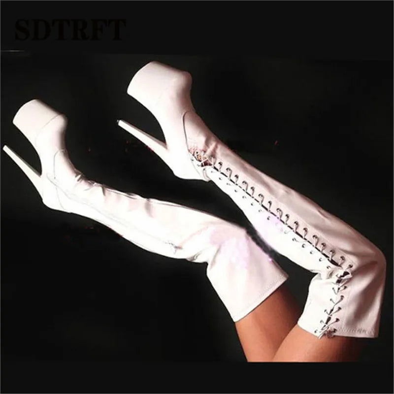 SDTRFT New botas mujer 20cm thin high heels Over The Knee Motorcycle Long boots Round Toe Lace Up shoes Woman Party Dance pumps