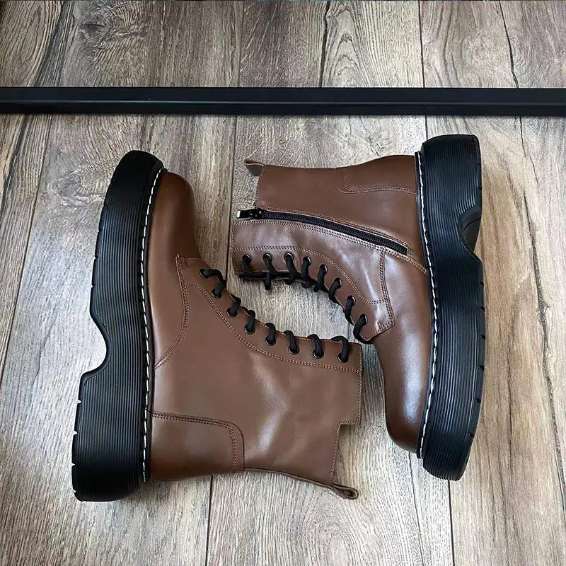 BeauToday Ankle Boots Women Cow Leather Platform Side Zipper Cross-tied Lace Sewing Female Autumn Shoes Handmade 04490