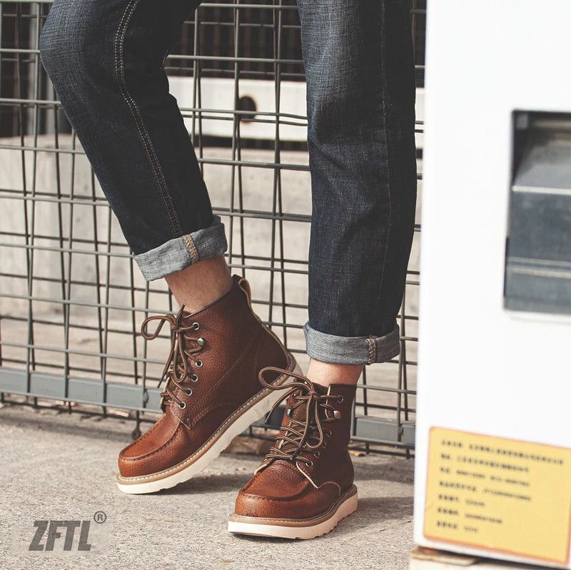 ZFTL Men's Boots Cowhide Thick-soled boots retro British Outdoor Tooling shoes Ankle Boots Male Casual Lace up boots 2025