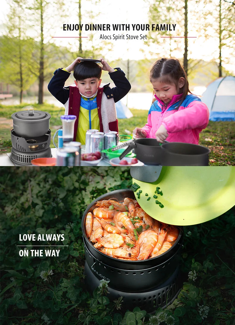 ALOCS CW-C05 Set of 10 Pieces Outdoor Camping Cooking Set Utensil Alcohol Stove Spirit Burner Cooker Pot Frying Pan Windshield