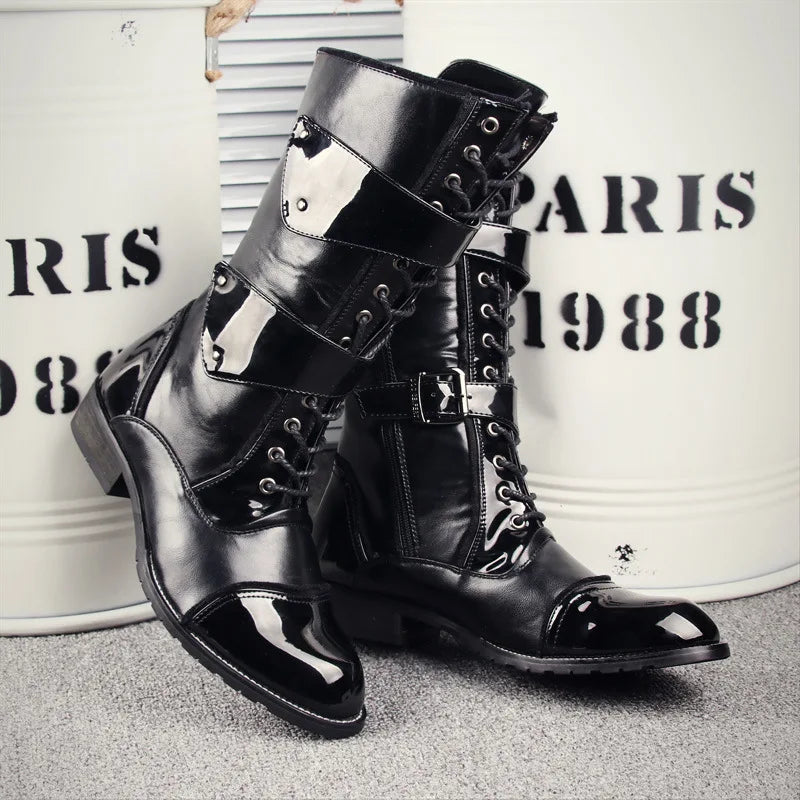British style mens fashion party nightclub motorcycle boots black genuine leather shoes personality high boot long botas hombre