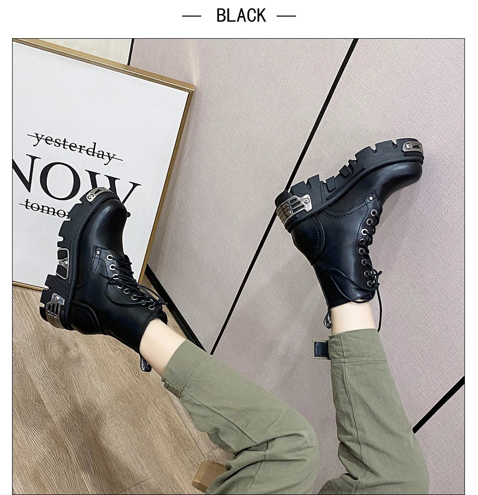 Gdgydh Darkness Punk Style Platform Women Ankle Boots Chunky Heel Black Metal Decor Women's Motorcycle Boots Lace UP Top Quality