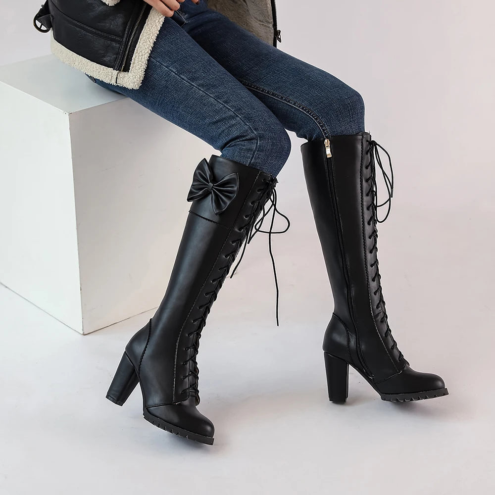 Winter Sweet Women Knee High Boots PU Leather Round Toe 7cm High Block Heels Bowtie Lace-up Lolita Lady Zipper Long Riding Boots