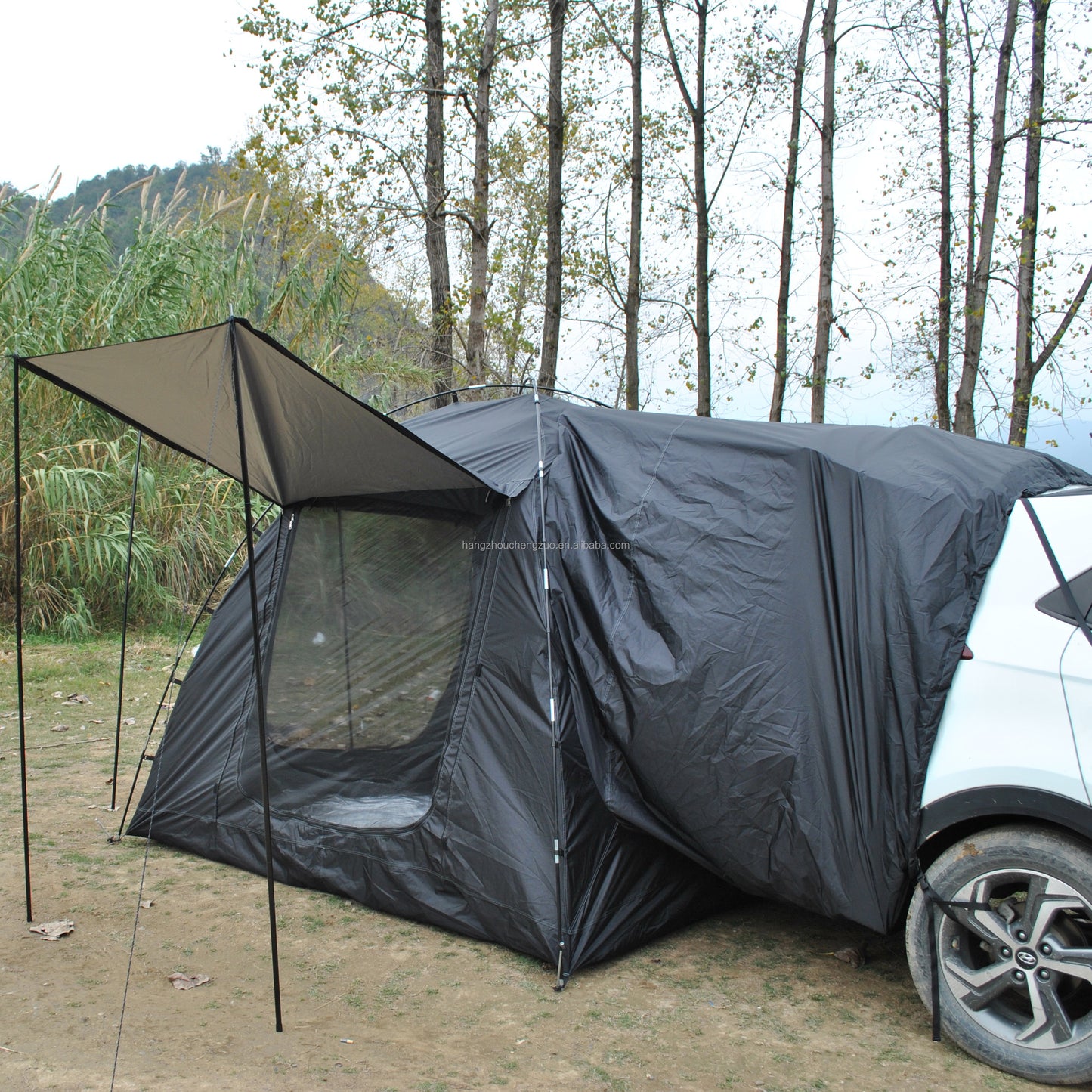 Car Rear Tent with Large Awning, Rear Tailgate Tents with Floor, 4 Person Family Camping, PU4000 Waterproof Fabric