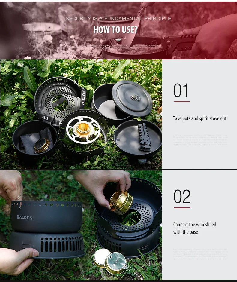 ALOCS CW-C05 Set of 10 Pieces Outdoor Camping Cooking Set Utensil Alcohol Stove Spirit Burner Cooker Pot Frying Pan Windshield
