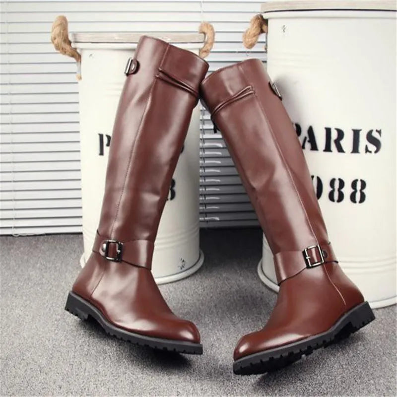 Leather Boots Fur High Top Casual Shoes Men Male Boots over the knee Botas Brand Motorcycle Boots