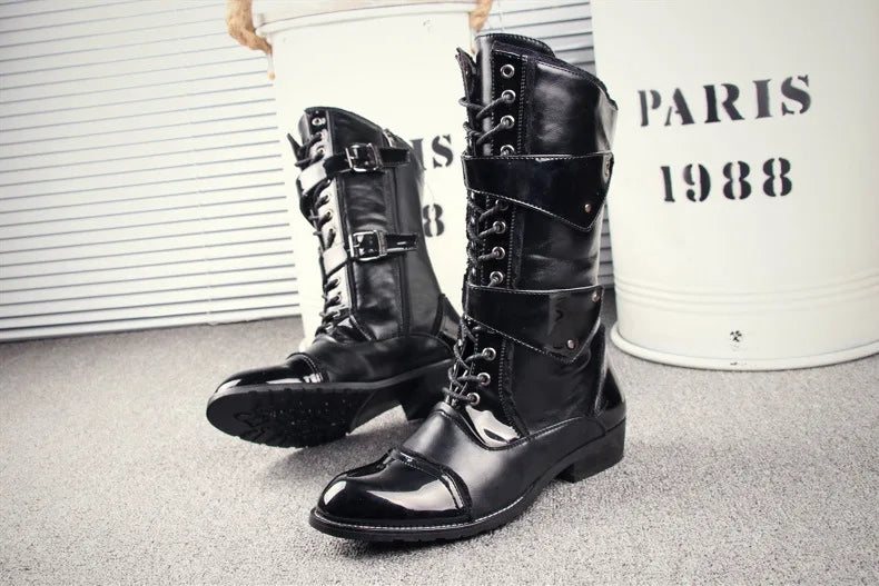 British style mens fashion party nightclub motorcycle boots black genuine leather shoes personality high boot long botas hombre