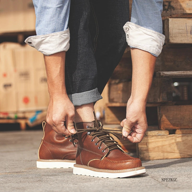 Handmade Men Boots Vintage Casual Autumn Winter Cow Leather Shoes British Ankle Boots Wings Motorcycle Boots Zapatos Hombre