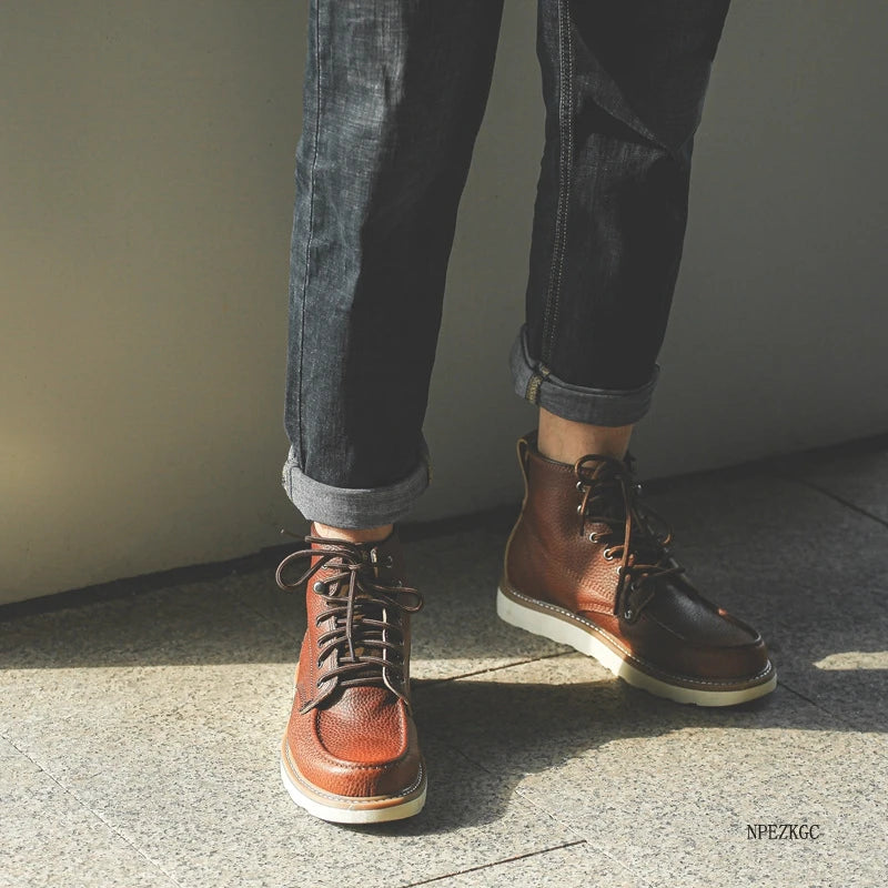 Handmade Men Boots Vintage Casual Autumn Winter Cow Leather Shoes British Ankle Boots Wings Motorcycle Boots Zapatos Hombre