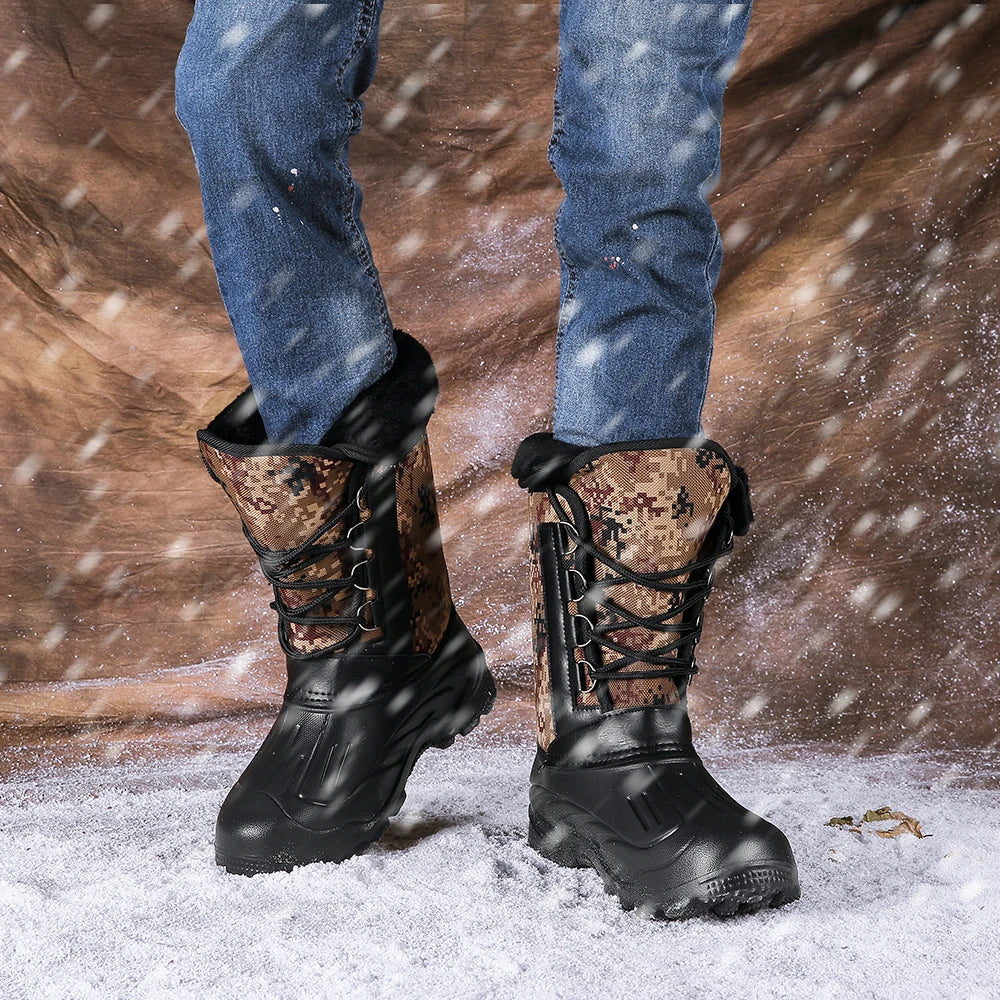 New Winter Camouflage Snow Men Boots Rain Shoes Outdoor Waterproof With Fur Plush Warm Male Casual Mid-Calf Work Motorcycle Boot