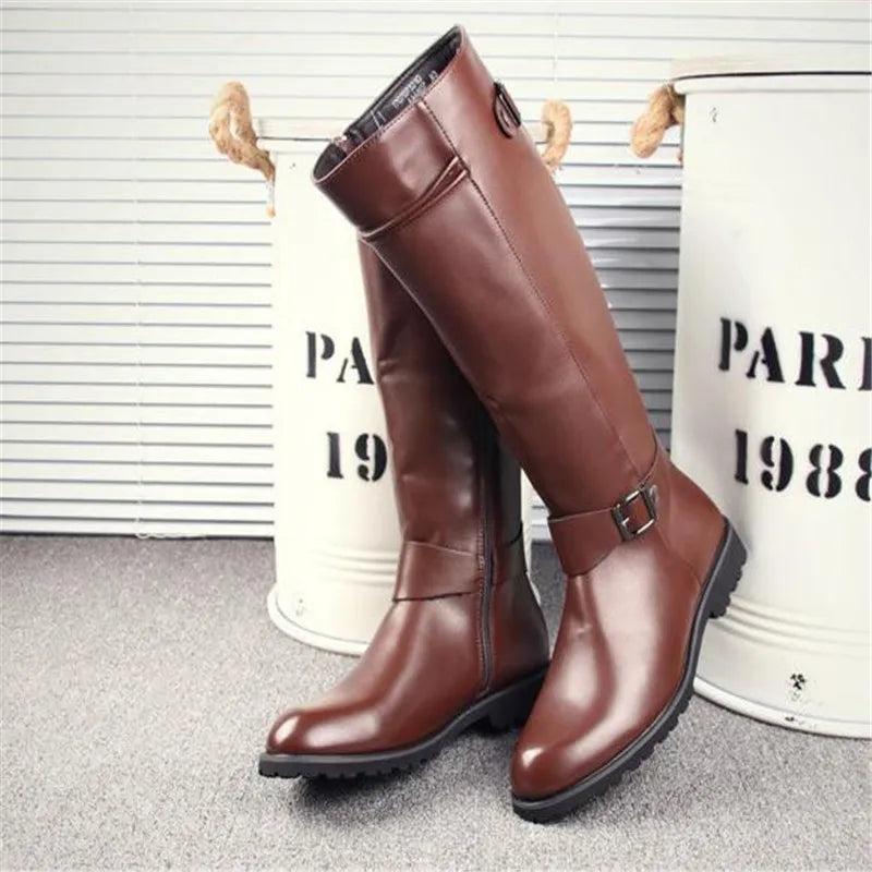 Leather Boots Fur High Top Casual Shoes Men Male Boots over the knee Botas Brand Motorcycle Boots