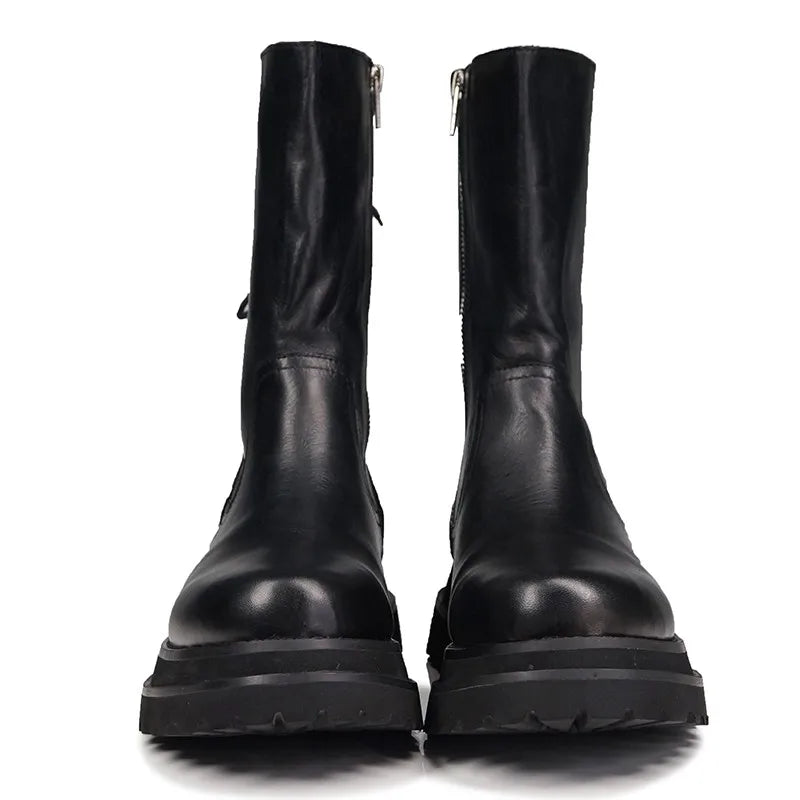 Gothic Mens Thick Platform Mid Calf Boots High Top Lace Up Genuine Leather Motorcycle Boots Zipper Punk Knight Boots Biker Shoes