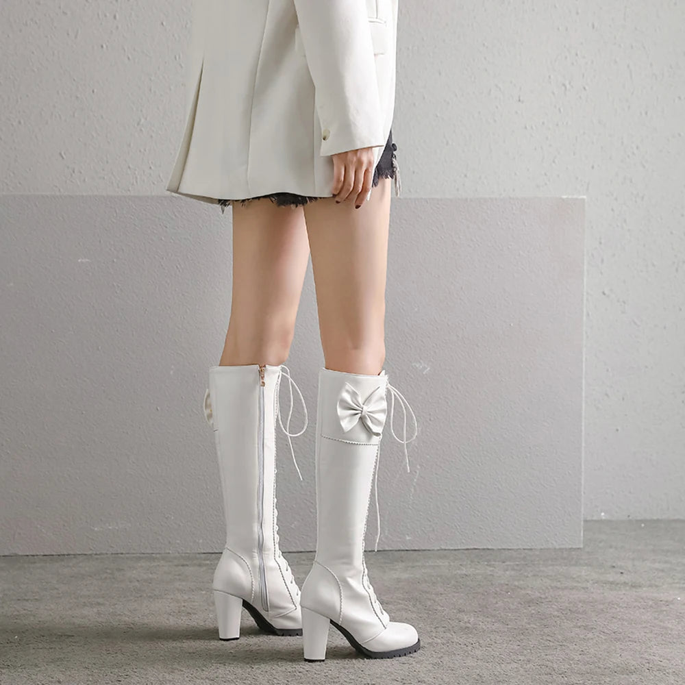 Winter Sweet Women Knee High Boots PU Leather Round Toe 7cm High Block Heels Bowtie Lace-up Lolita Lady Zipper Long Riding Boots