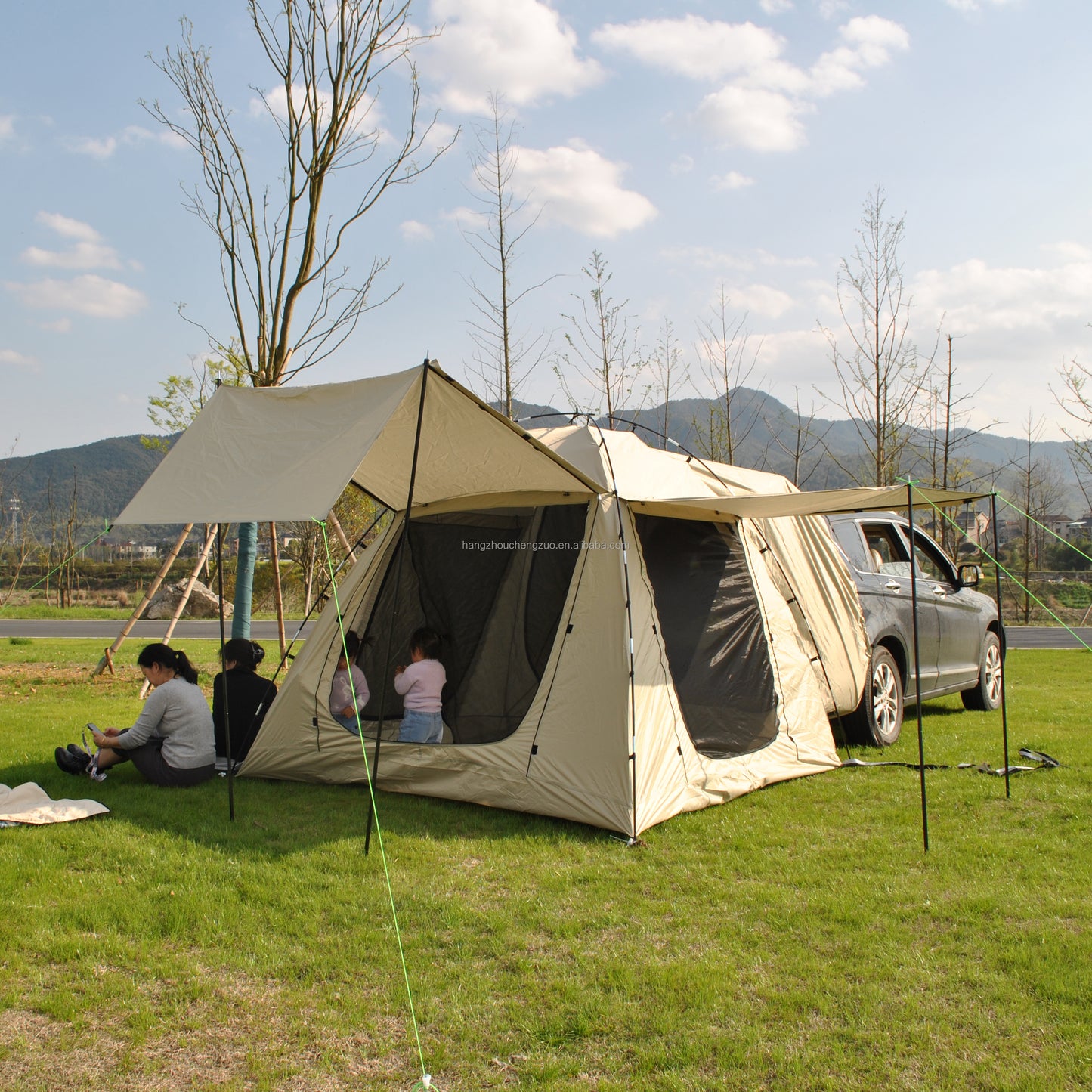 Car Rear Tent with Large Awning, Rear Tailgate Tents with Floor, 4 Person Family Camping, PU4000 Waterproof Fabric