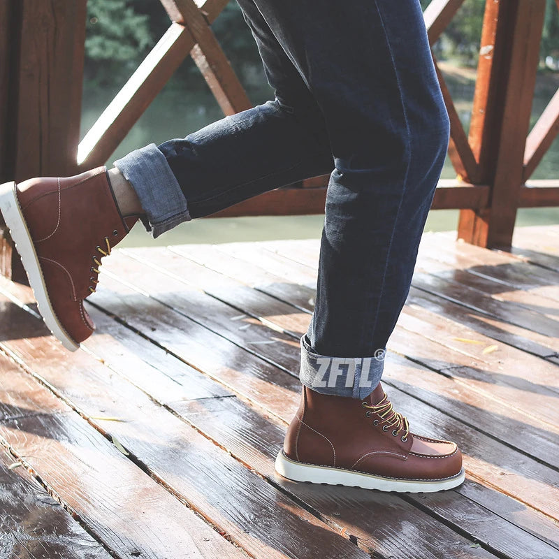 ZFTL Men's Ankle Boots American retro tooling boots Casual Crazy Horse Leather Men's Boots Vintage Man Lace up Boots 2025