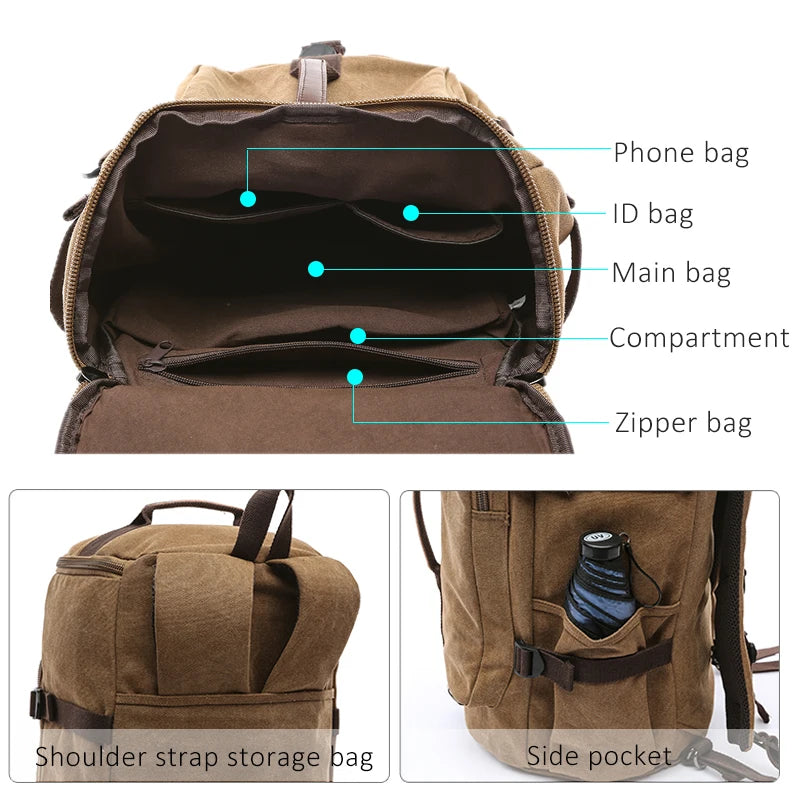 Large Men Cylinder Backpacks Canvas Luggage Shoulder Bags Duffle Hiking Camping Hunting Rucksack Travel Climbing Mountain Bags
