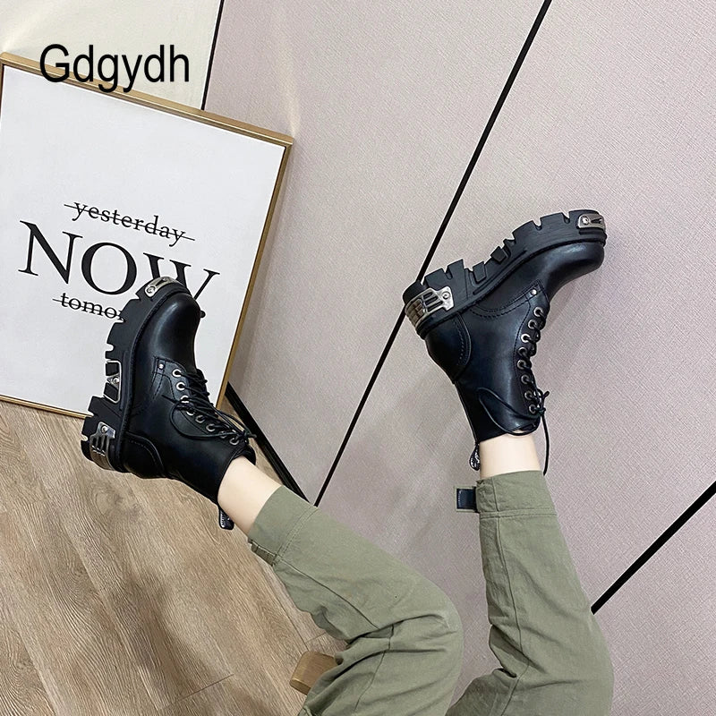 Gdgydh Darkness Punk Style Platform Women Ankle Boots Chunky Heel Black Metal Decor Women's Motorcycle Boots Lace UP Top Quality