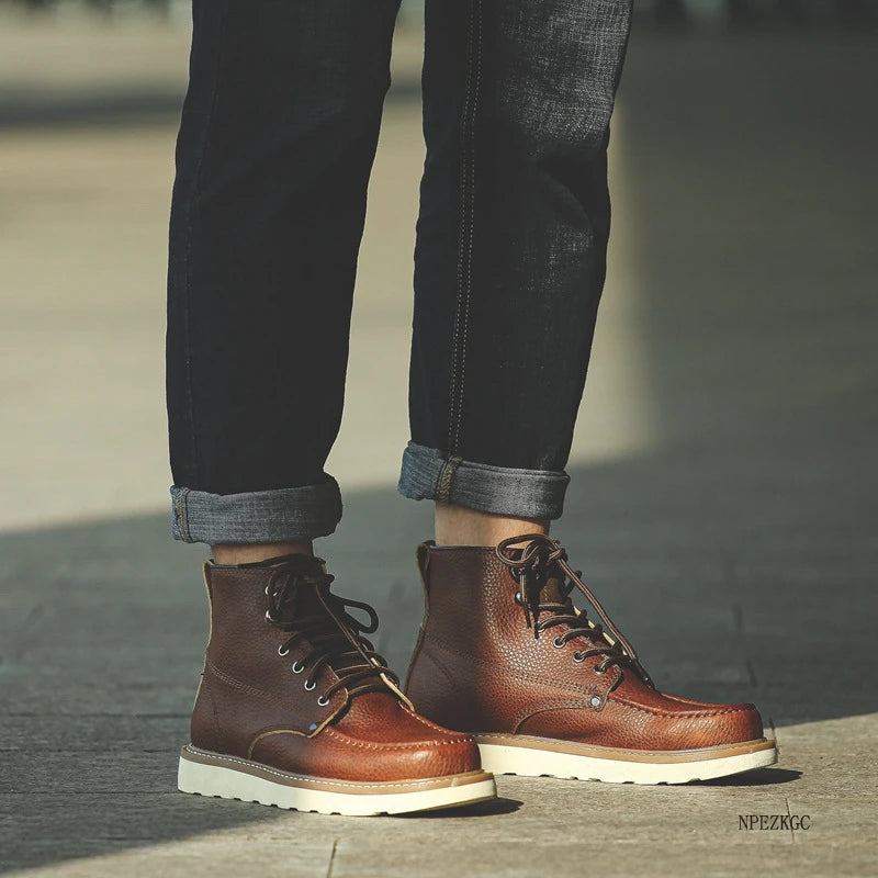 Handmade Men Boots Vintage Casual Autumn Winter Cow Leather Shoes British Ankle Boots Wings Motorcycle Boots Zapatos Hombre