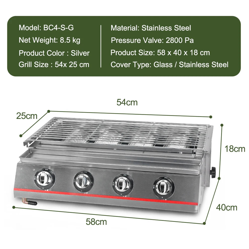 Smokeless LPG Grill 4 Burners Gas BBQ Stove Barbecue Tools For Outdoors Ceramic Burners With Stainless Steel or Glass Covers