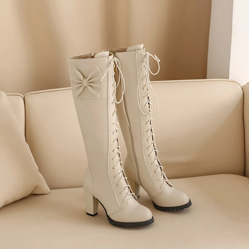 Winter Sweet Women Knee High Boots PU Leather Round Toe 7cm High Block Heels Bowtie Lace-up Lolita Lady Zipper Long Riding Boots