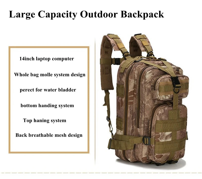 25L Tactical Backpack 3P Combat  Army Outdoor Sports Bag Rucksack Women Men Camping Hiking Climbing Molle Bags