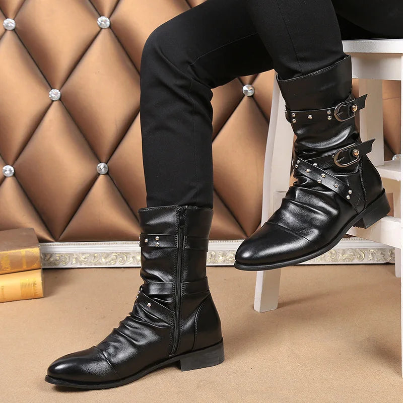 mens casual steampunk motorcycle mid-calf long boots buckle cow leather shoes youth high boot outdoors botas militares sapatos