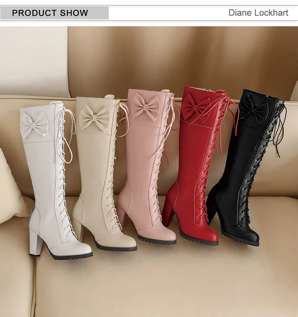 Winter Sweet Women Knee High Boots PU Leather Round Toe 7cm High Block Heels Bowtie Lace-up Lolita Lady Zipper Long Riding Boots