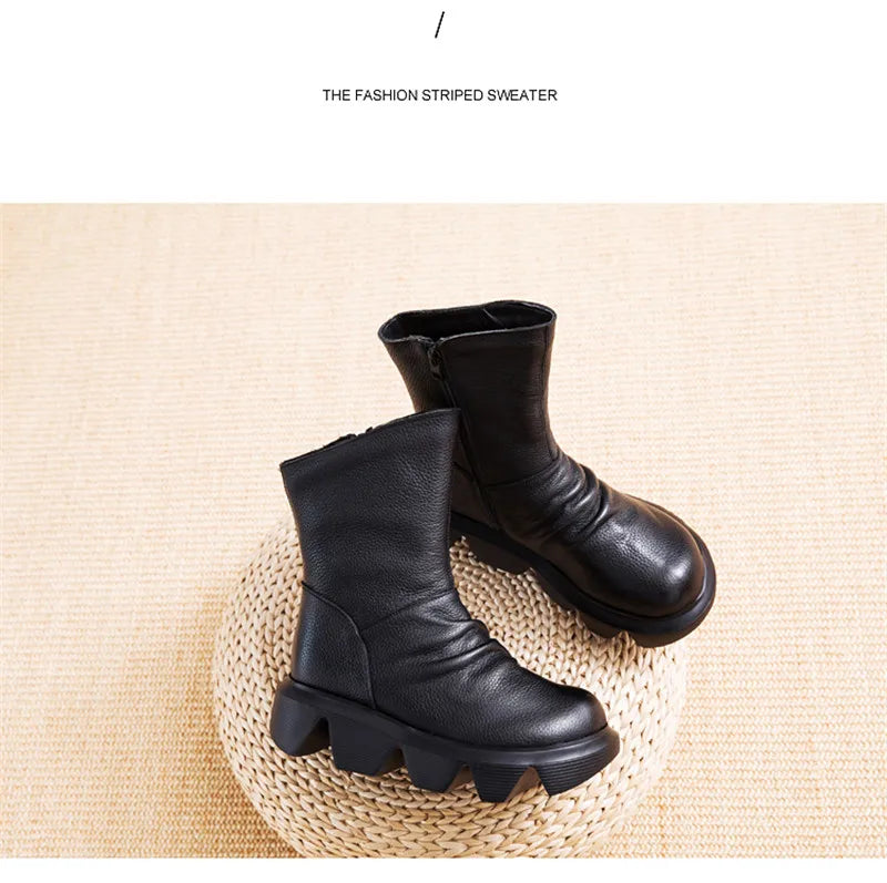 BEYARNE Ankle Boots Women Genuine Cow Leather Platform Bootie Side Zipper Soft Comfortable Autumn Winter Ladies Shoes Handmade