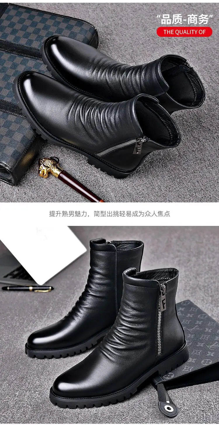 Ankle Boots Mens Split Soft Leather Mid Top Winter Vintage Plush Warm Soft Leather High Top British Side Zipper Chelsea Boots