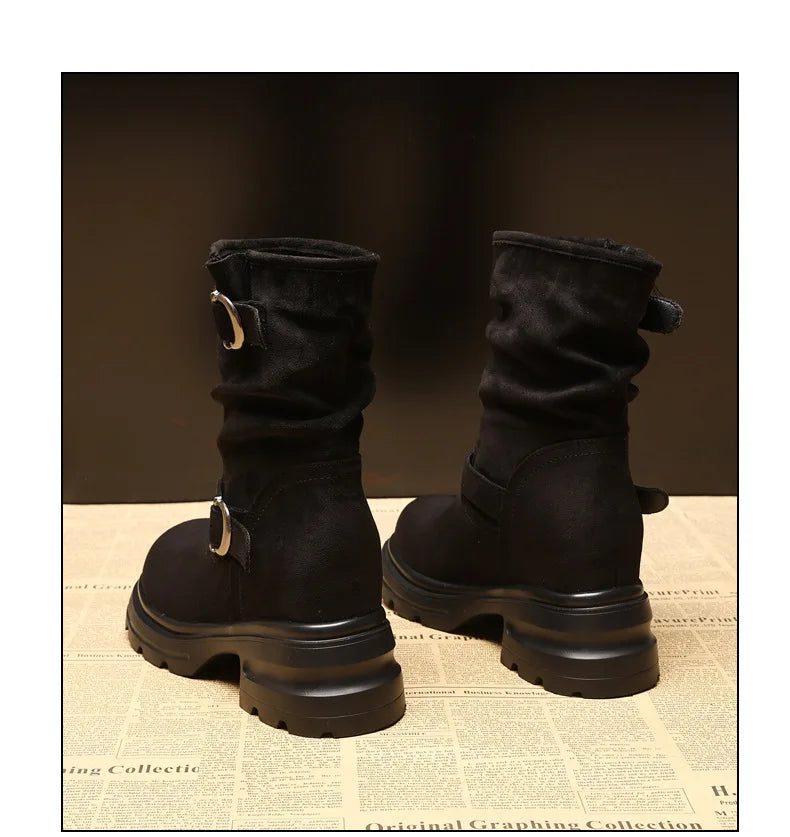 Fujin 9cm Leather Women’s Platform Ankle Boots Booties, Chunky Motorcycle Style Casual Streetwear Fall Winter Fashion Shoes