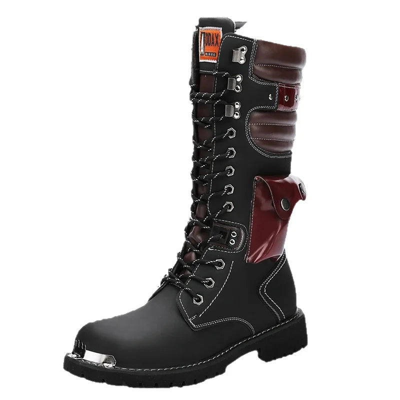 Men Motorcycle Boots Fashion Mid-Calf Punk Rock Punk PU Leather Black High Top Mens Casual Boot Steel Toe Shoes Big Size 38-46
