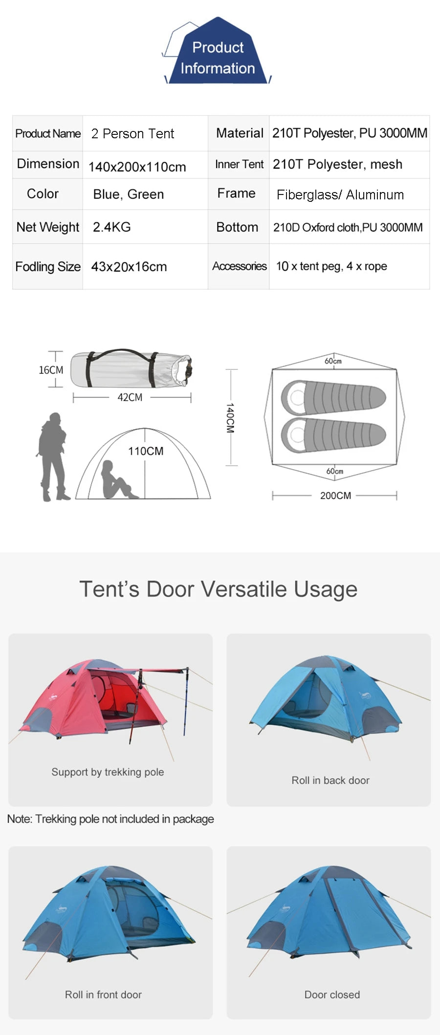 Desert Fox Camping Tents Fiberglass/Aluminum 3 Season Backpack Tent Lightweight Outdoor Compact Tent for Hiking Cycling Climbing