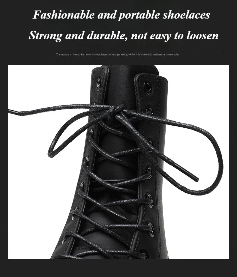 Black Leather Boots for Men High Top Platform Lace Up Light Fashion Motorcycle Boots British Style Men's Waterproof Casual Boots